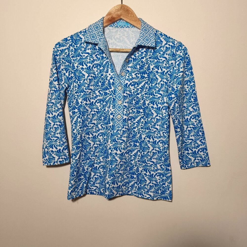 J McLaughlin Catalina Cloth Lisbon Market Geo Court Polo sz XS Blue White